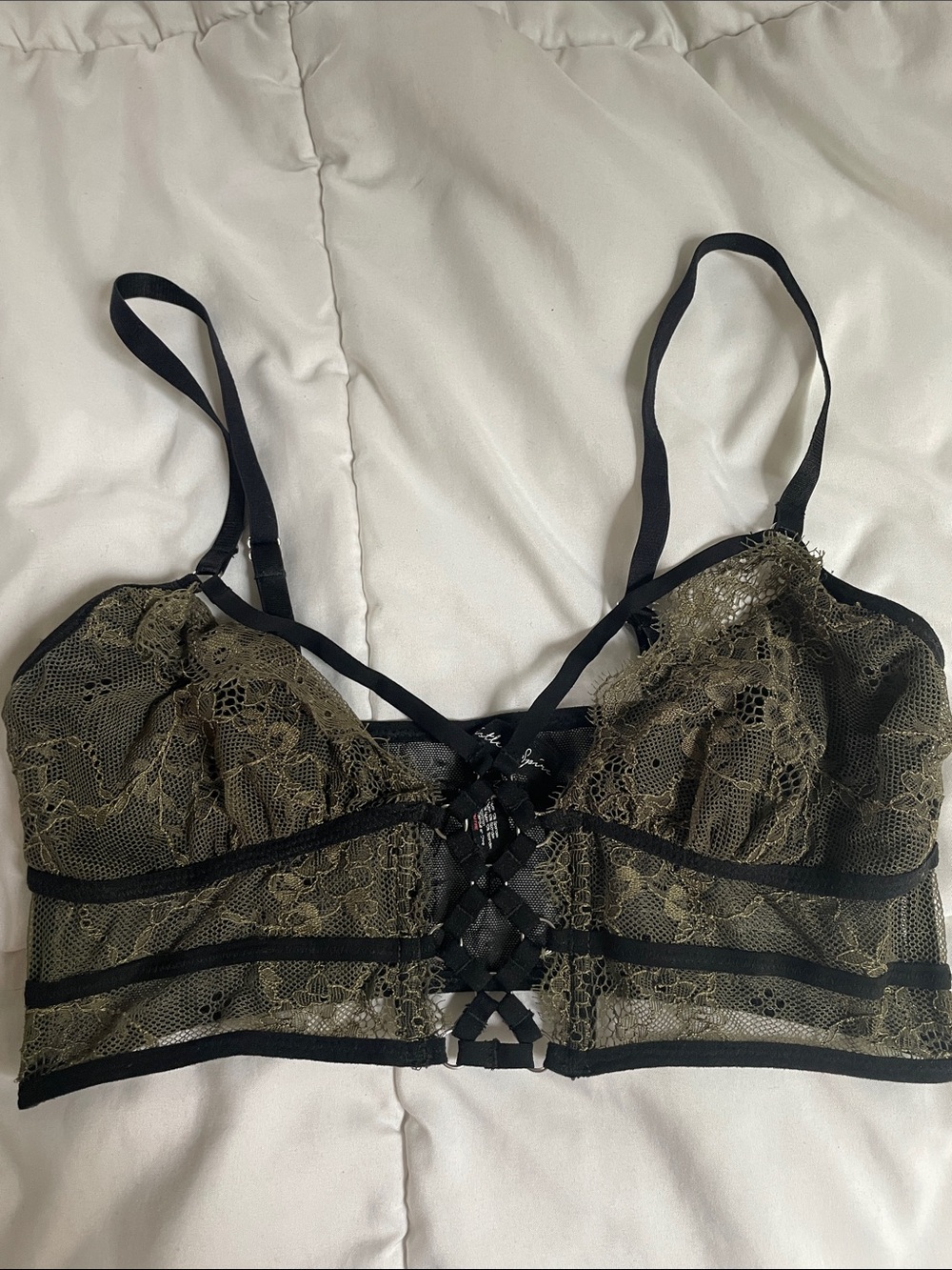Thistle and Spire Olive Lace Bralette with Black Trim
